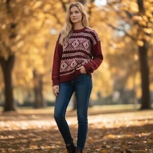 High Sierra Vintage 90s Red White Wool Blend Chunky Knit Sweater, Unisex Medium